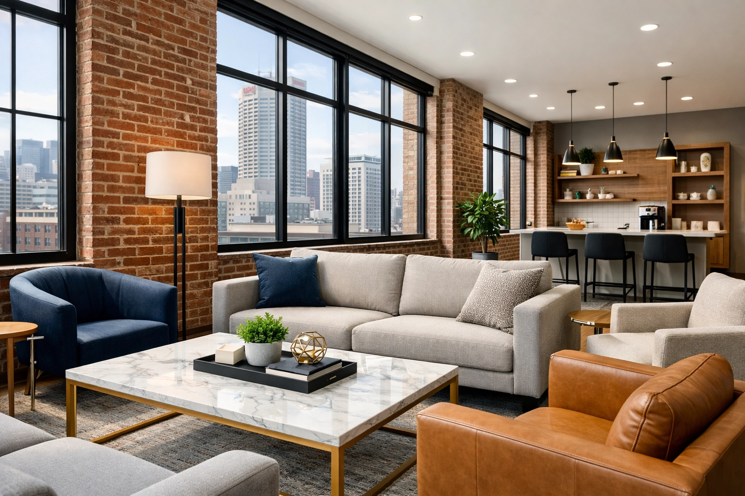 A spotless industrial-chic office lounge in Indianapolis showing operational excellence and high standards.