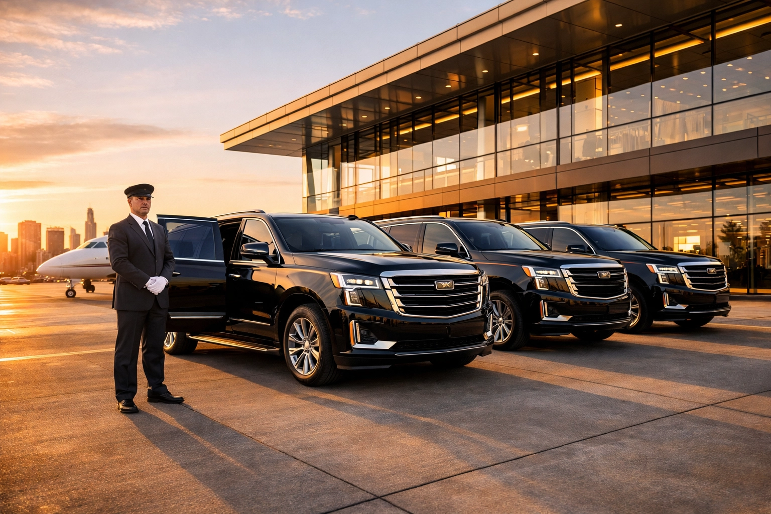 Fleet of luxury SUVs and chauffeurs at a private terminal for VIP Super Bowl transportation.