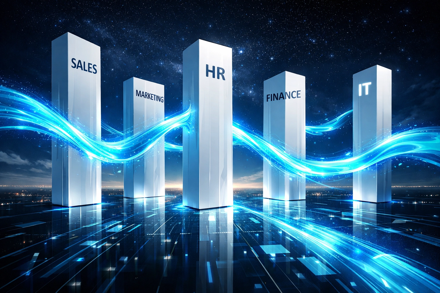 Flowing light paths connecting business departments to demonstrate seamless data integration.