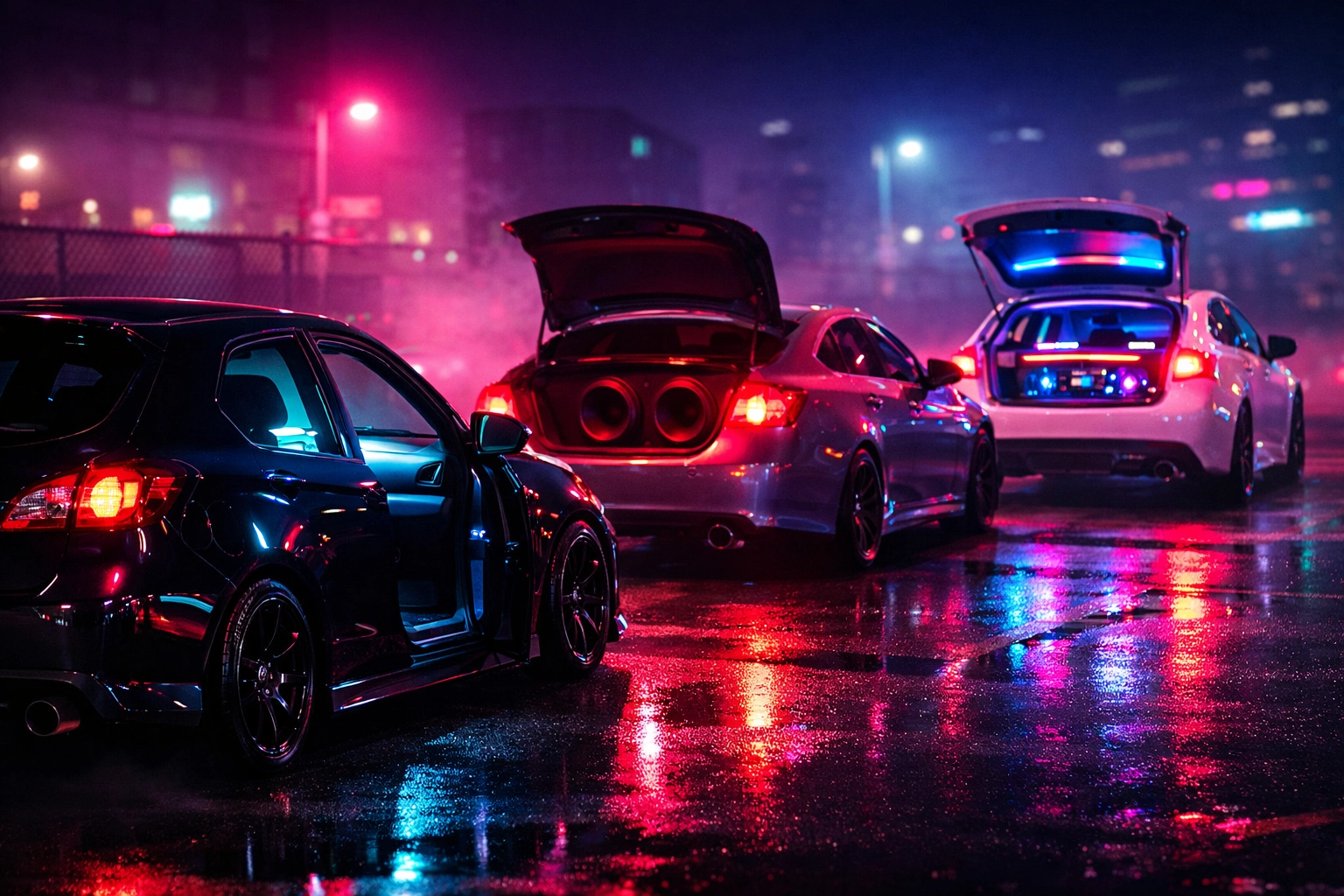 Three vehicles showcasing different stages of professional car audio upgrades in Chattanooga.