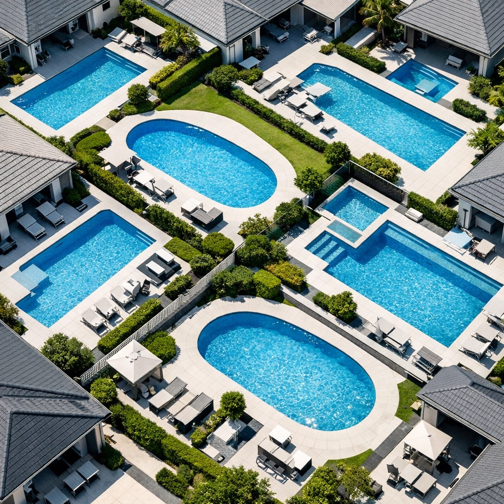 Aerial view of neighborhood swimming pools, highlighting profitable route density for pool route owners.
