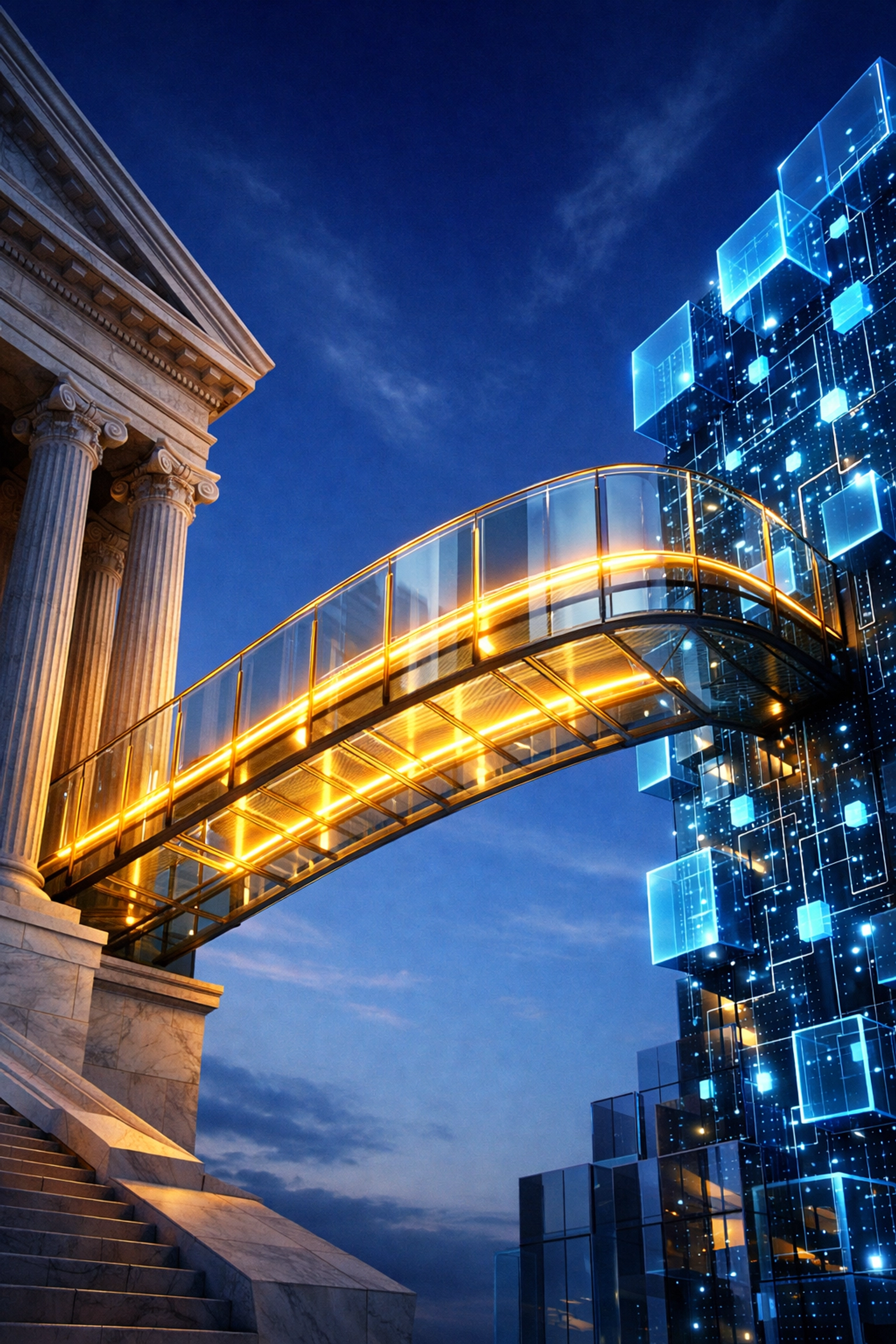 Bridge connecting traditional finance building with digital blockchain structure symbolizing PE and crypto convergence