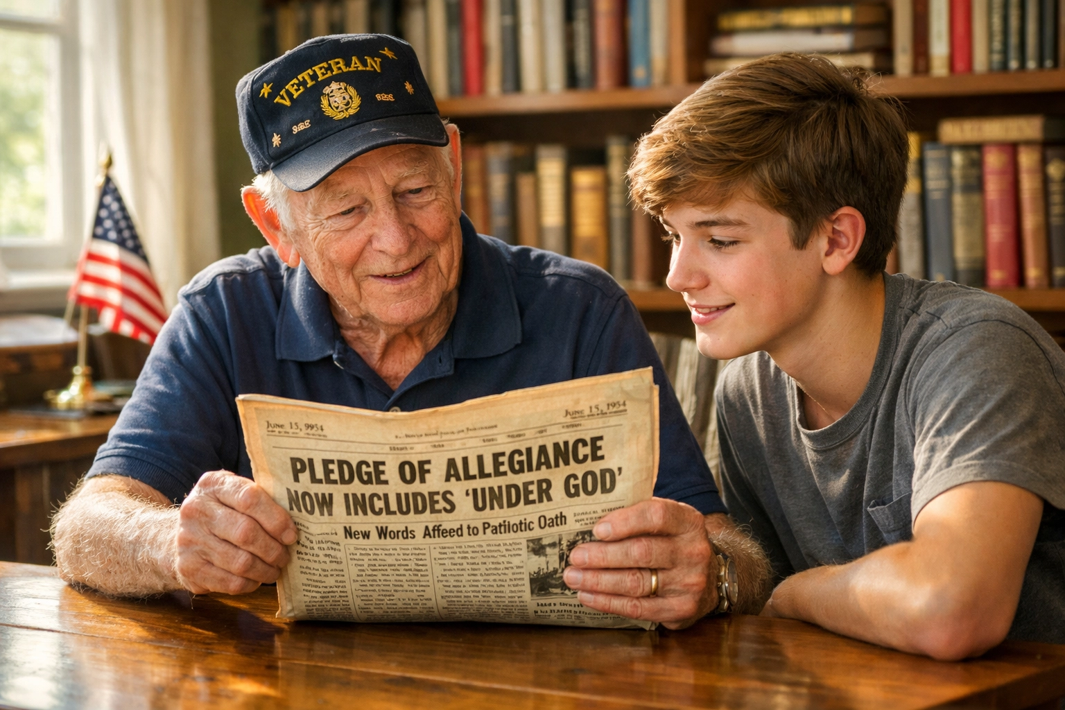 Pledge History Secrets Revealed: What Your History Textbooks Left Out Veteran and student discussing the 1954 addition of