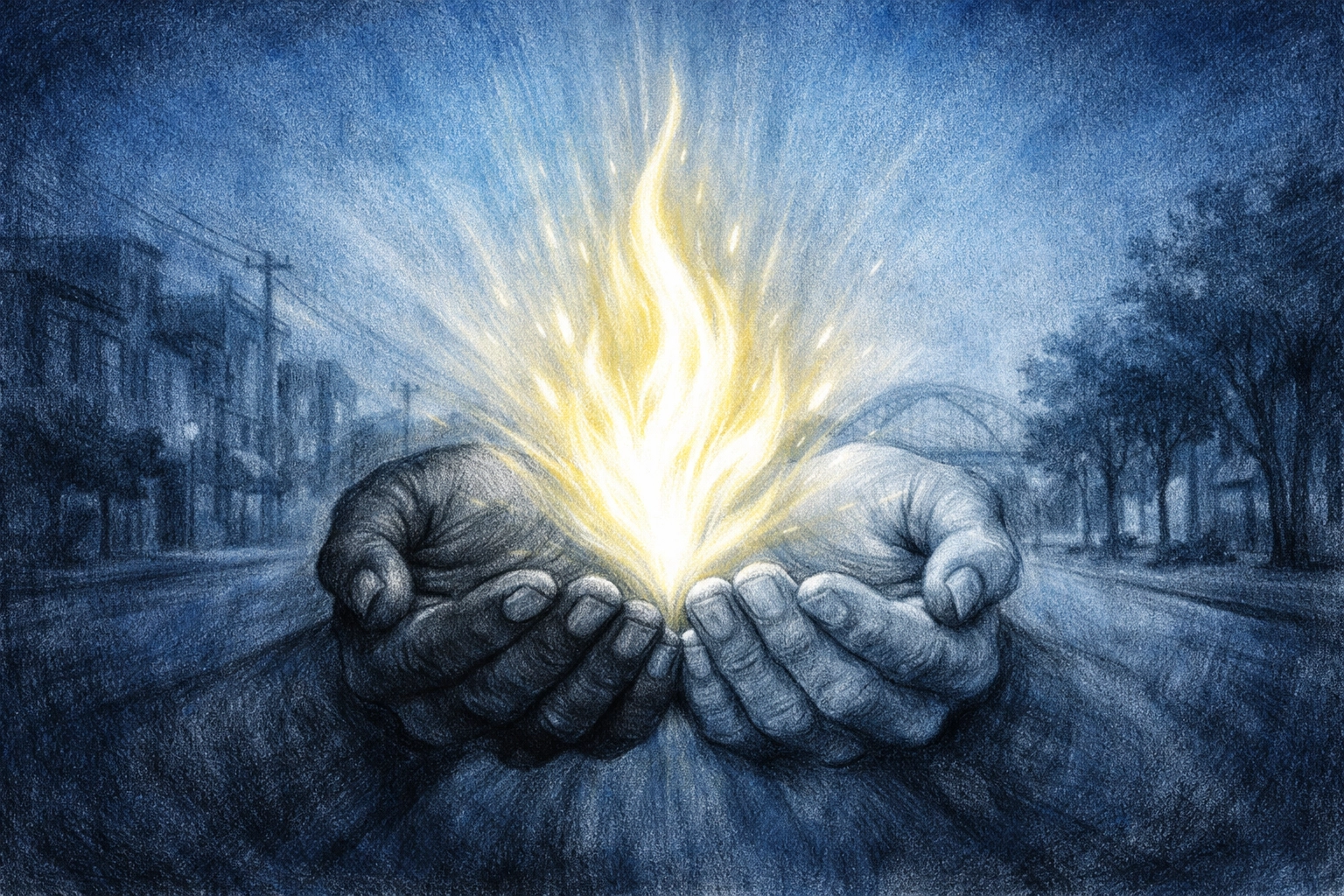Hands holding a bright flame over a Memphis skyline, symbolizing youth empowered by the Holy Spirit.