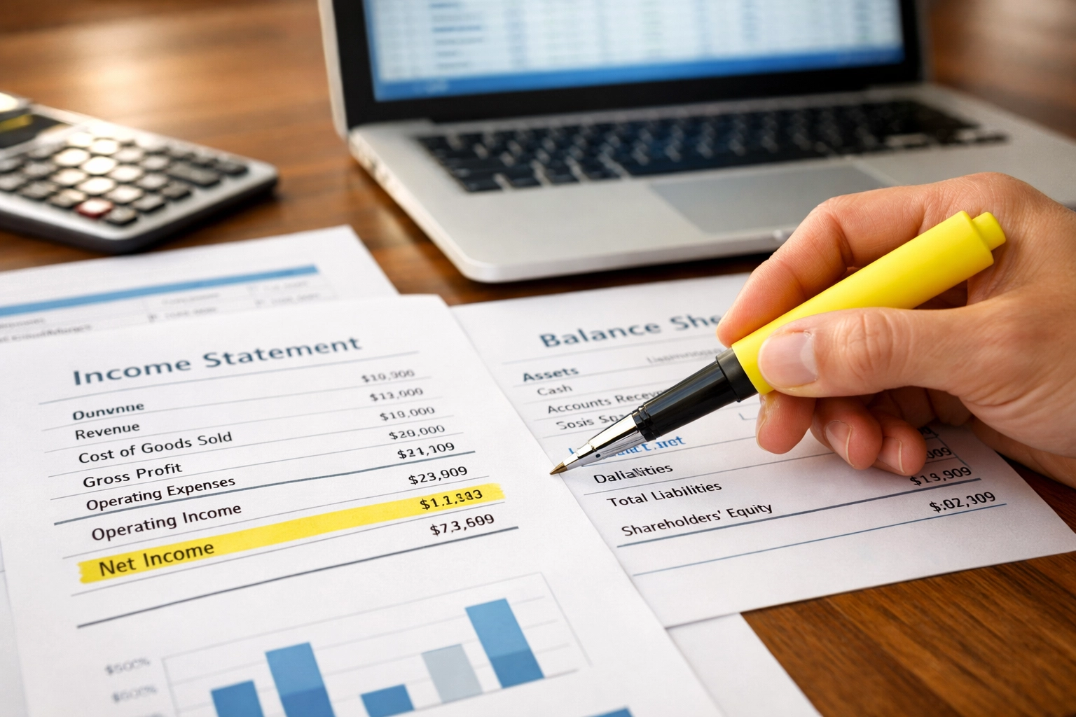 Reviewing balance sheet and financial statements with highlighter for QuickBooks cleanup