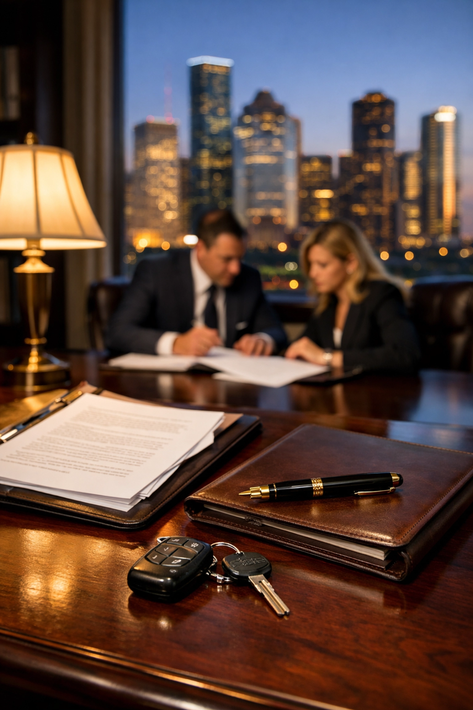 Houston law office desk with legal documents and car keys representing a DWI defense strategy.