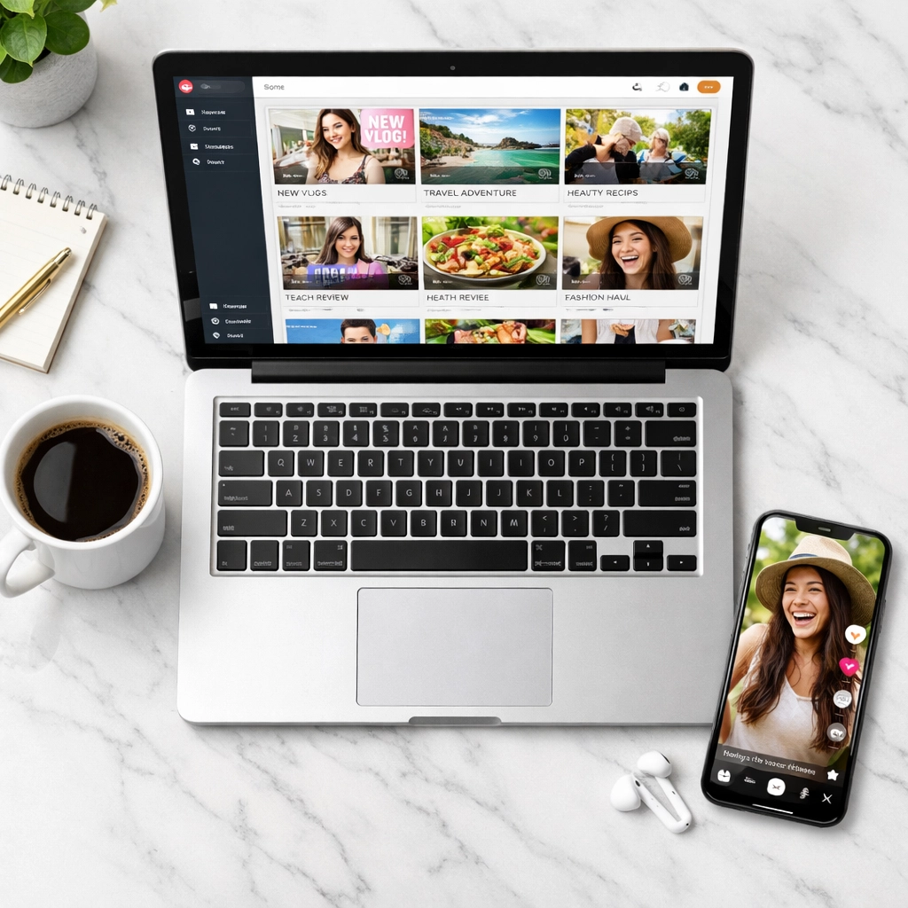 Modern blogger workspace with laptop showing social media videos and smartphone displaying TikTok Reels