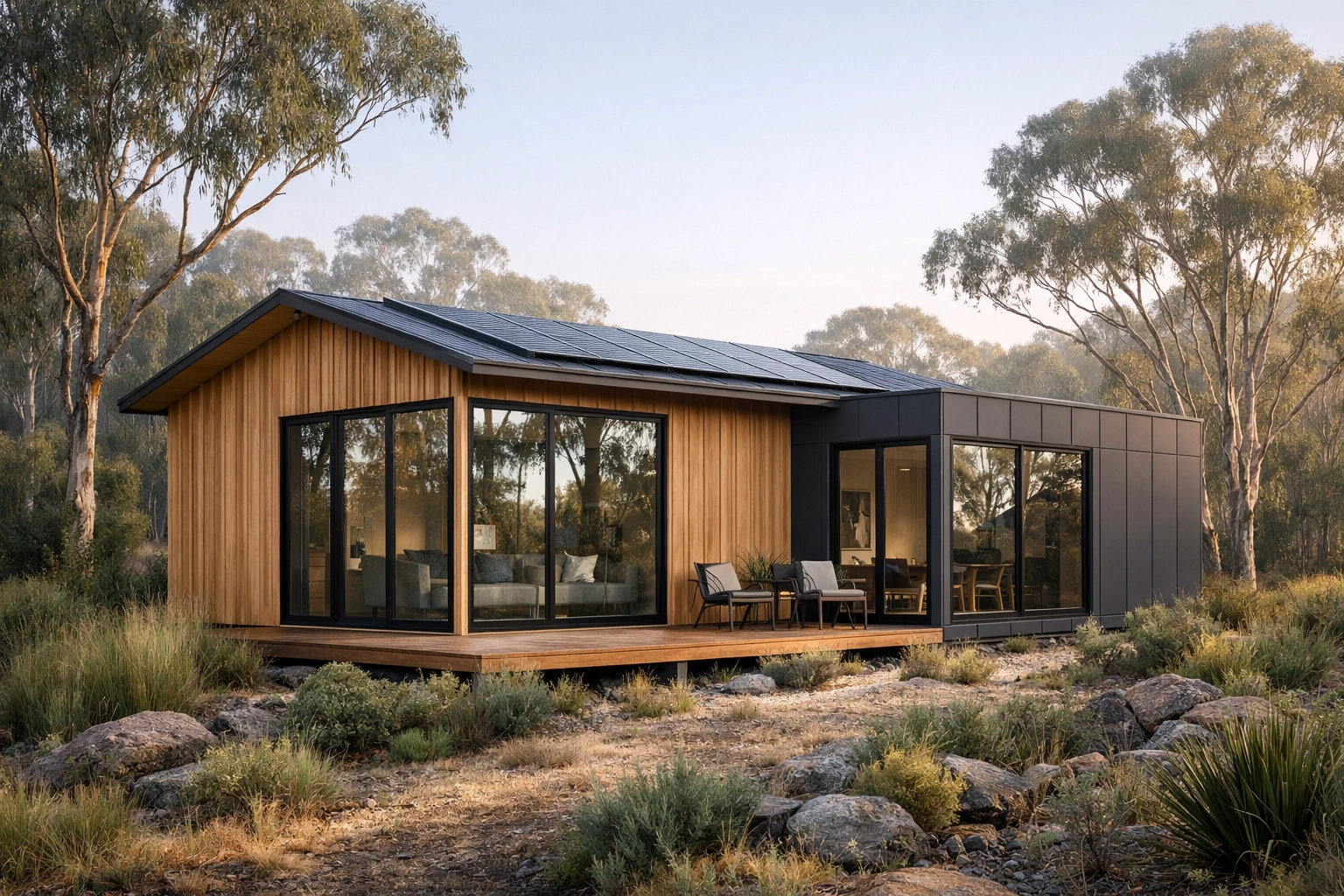 Energy-efficient modular home in Australian bushland featuring solar panels and sustainable timber cladding.