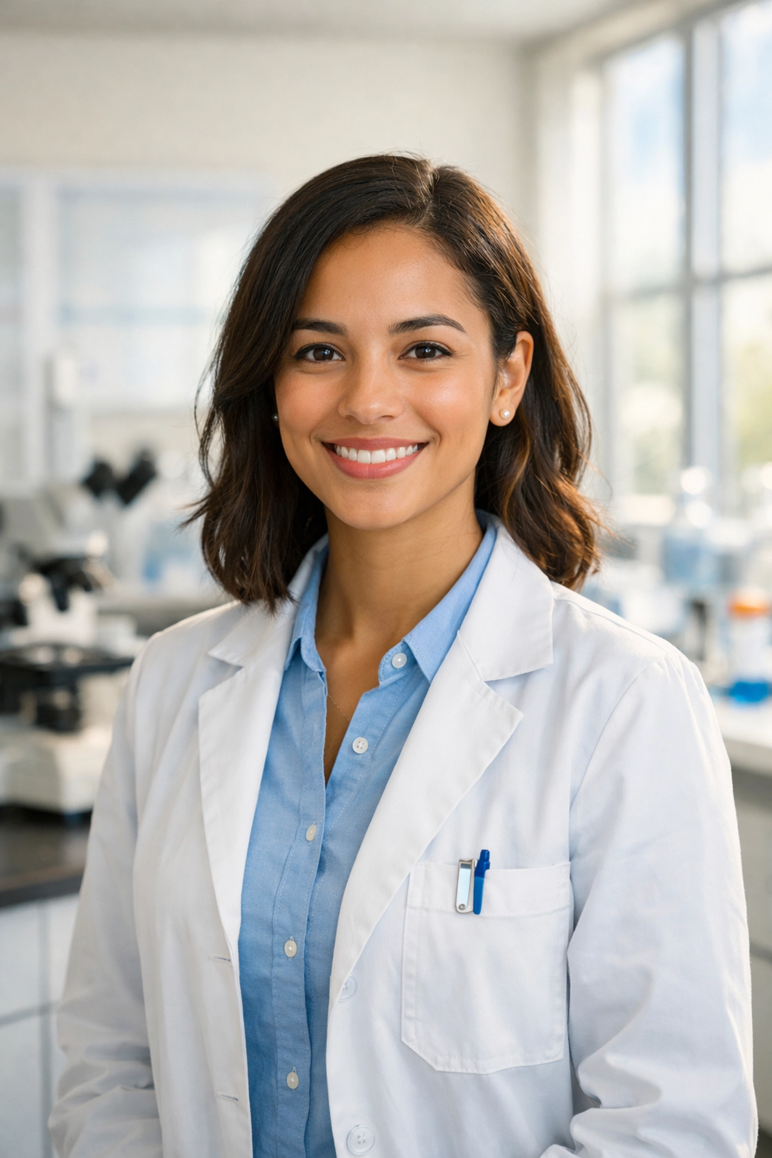 Female researcher in a modern laboratory exploring J-1 waiver and green card options.