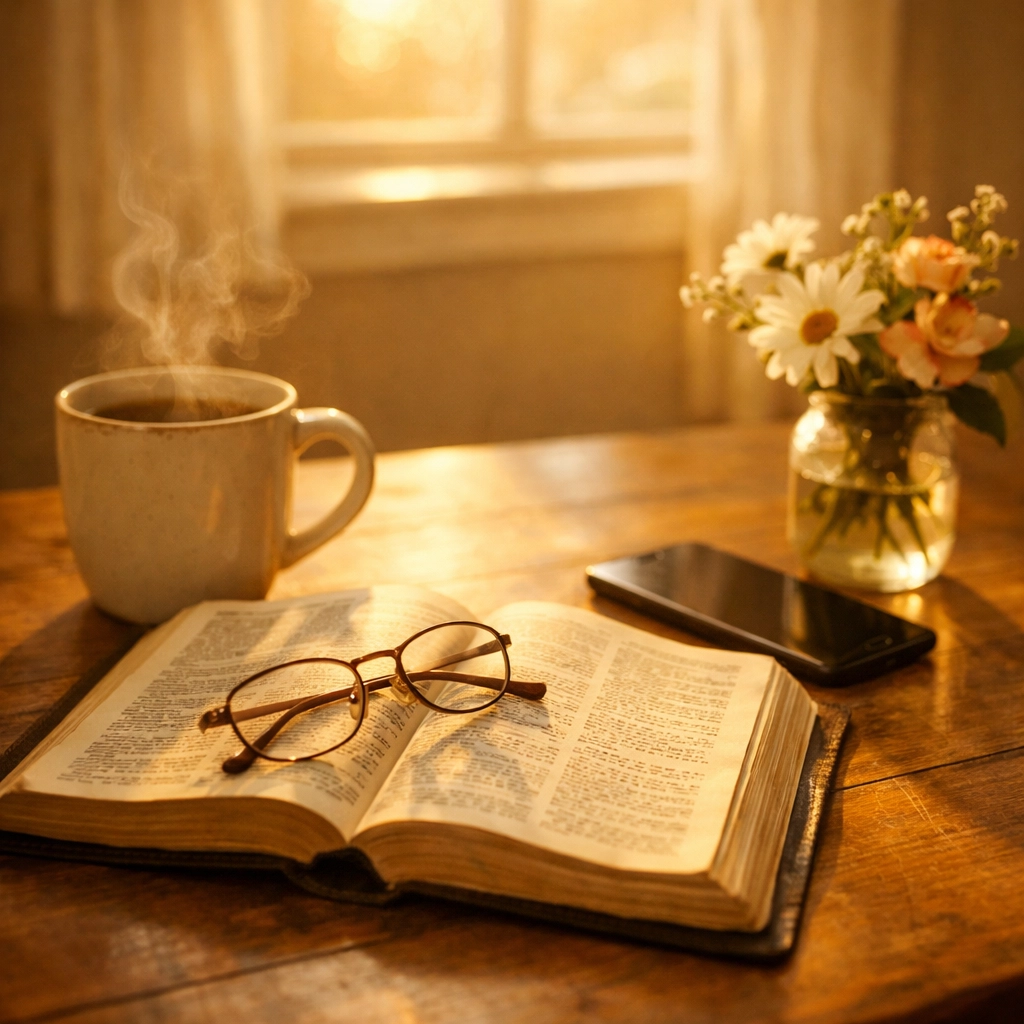 Peaceful morning breakfast table with Bible, coffee, and phone resting face-down