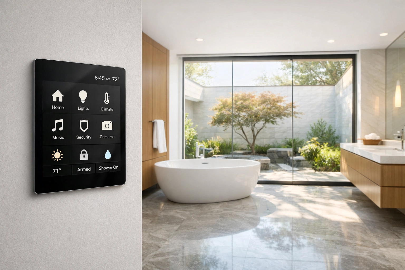 Smart home touch screen interface controlling a large switchable privacy glass window in a modern bathroom.