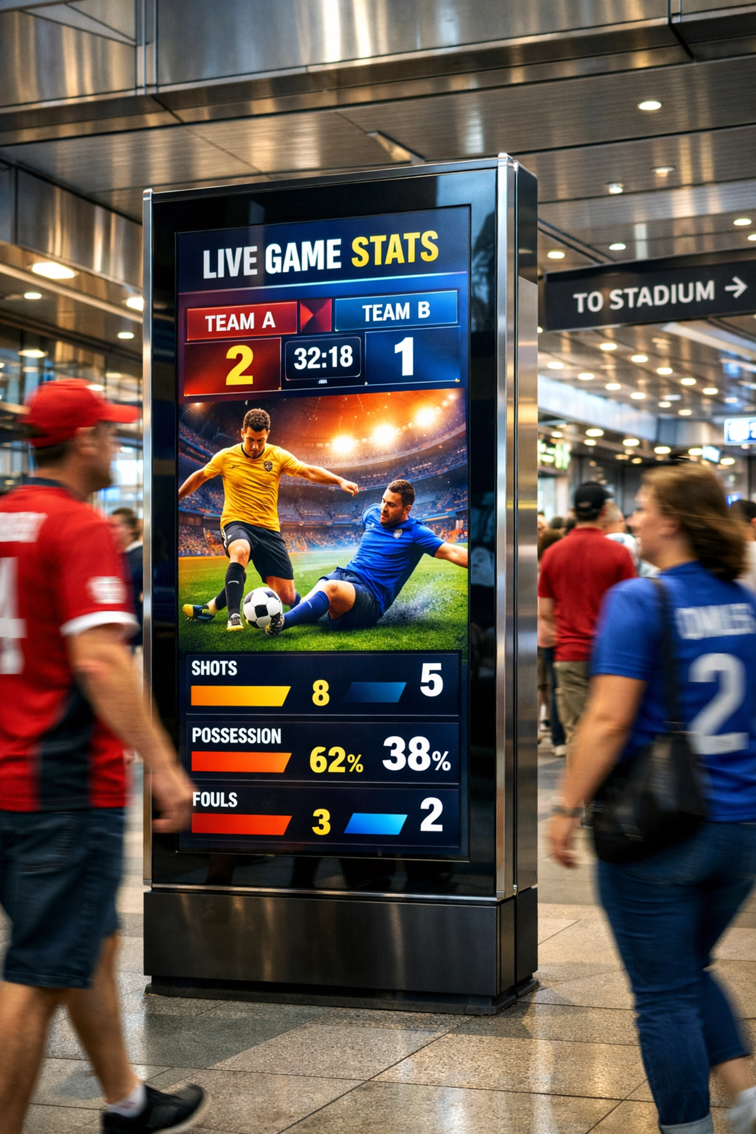 Interactive digital kiosk showing live game stats to fans in a busy urban transit hub during Super Bowl.