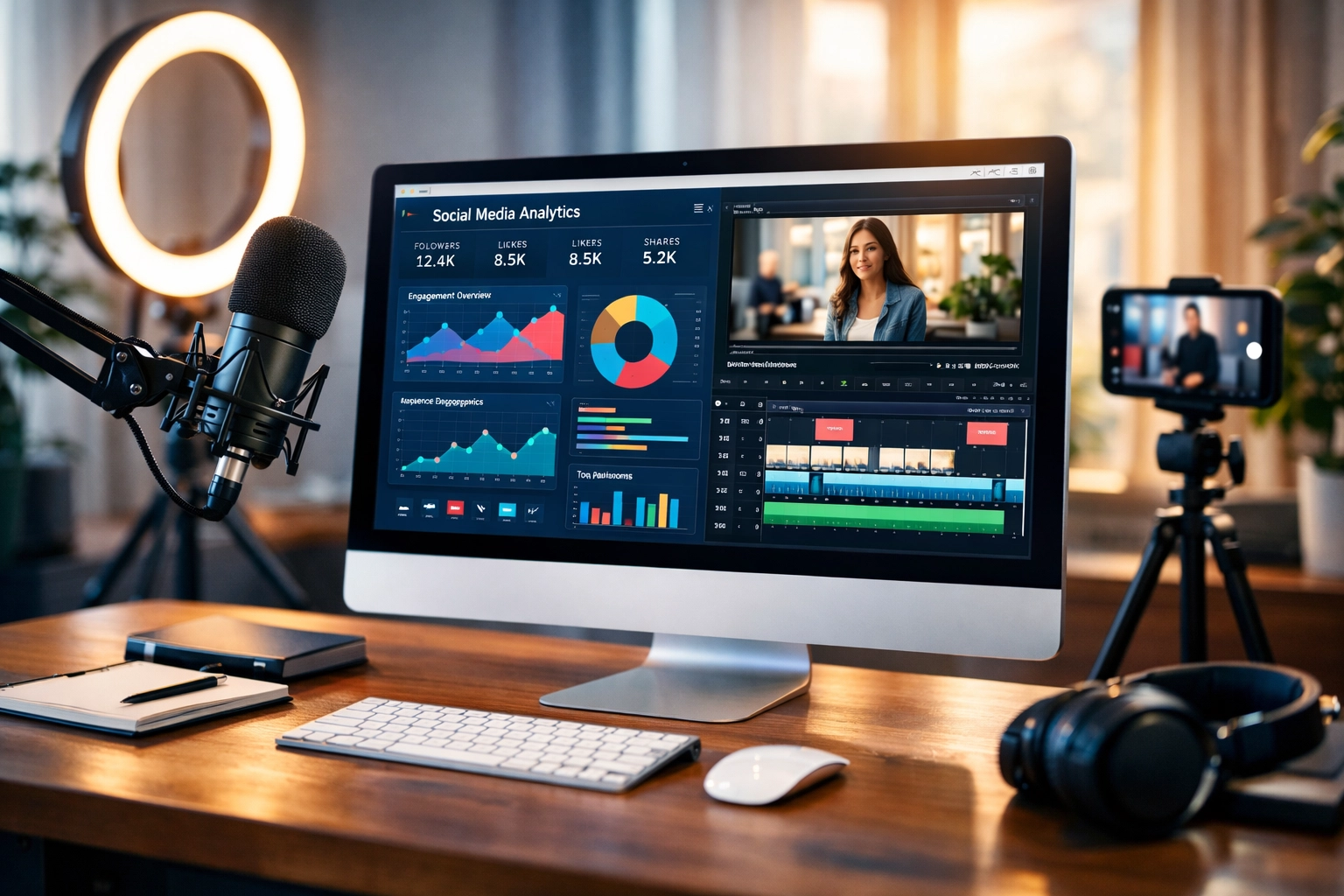 Modern content creation workspace with social media analytics and video editing tools for digital media