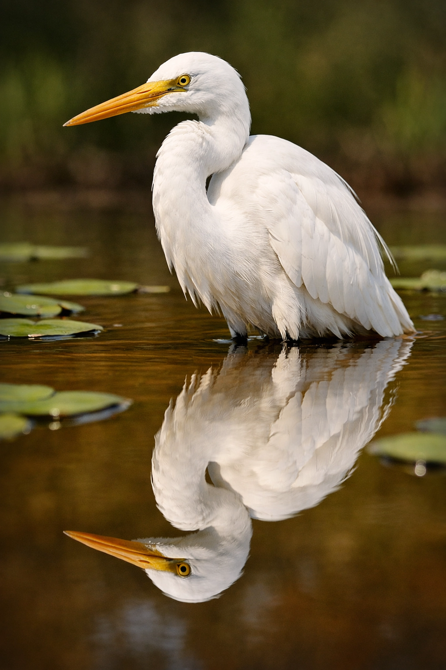 Sharp wildlife portrait of a Great Egret reflected in still water in the Florida Everglades.
