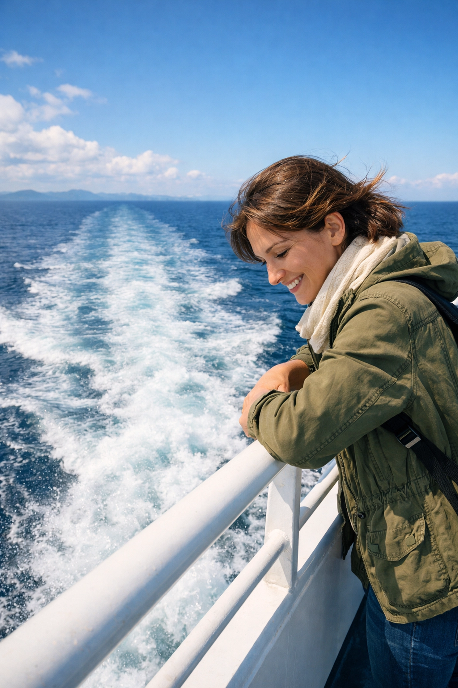 Smiling traveler looking at the ship's wake after overcoming seasickness and finding their sea legs.
