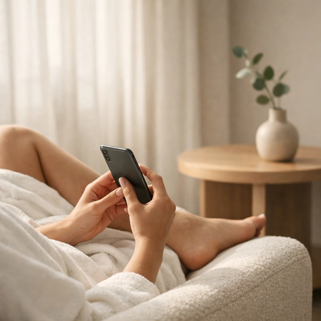 Guest using a smartphone in a minimalist hotel suite for seamless AI virtual concierge service.