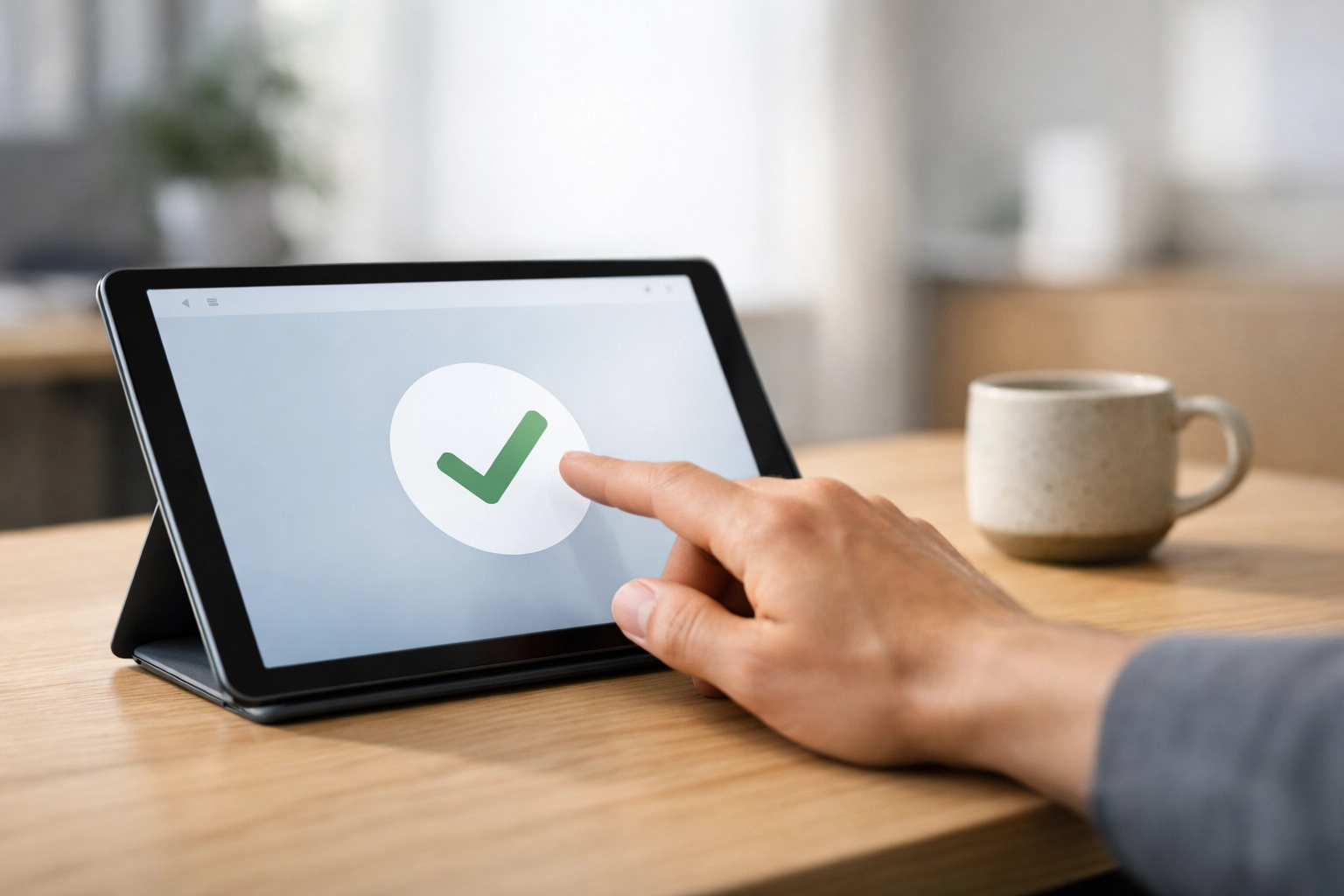 Tax professional using a tablet to manage digital ERO onboarding documents and e-signatures.
