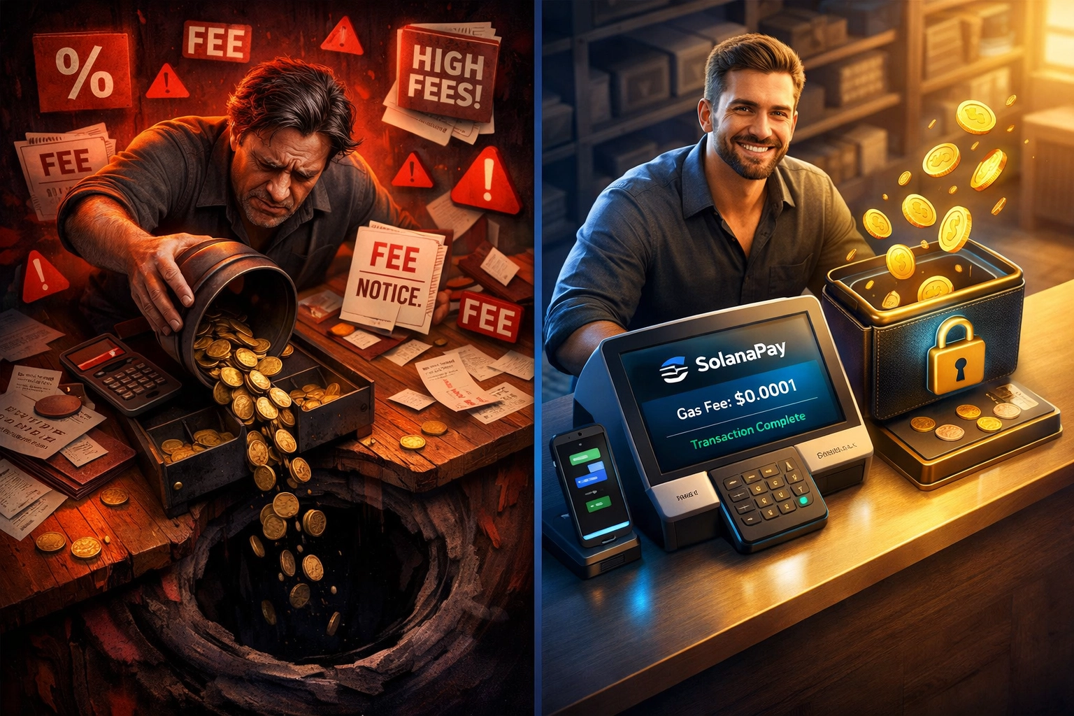 Crypto payment fee comparison: percentage-based merchant fees vs Larecoin gas-only model