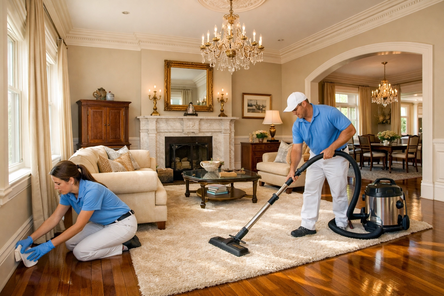 Professional cleaners performing a thorough deep cleaning Lowell in a luxury sunlit living room.