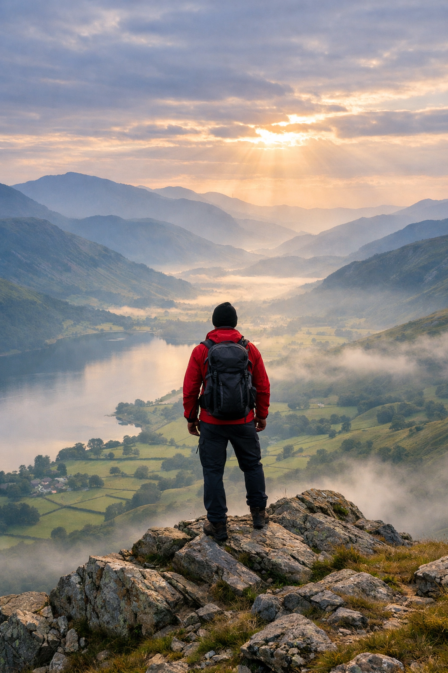 Solitary hiker on hidden Lake District trail overlooking misty valleys at dawn