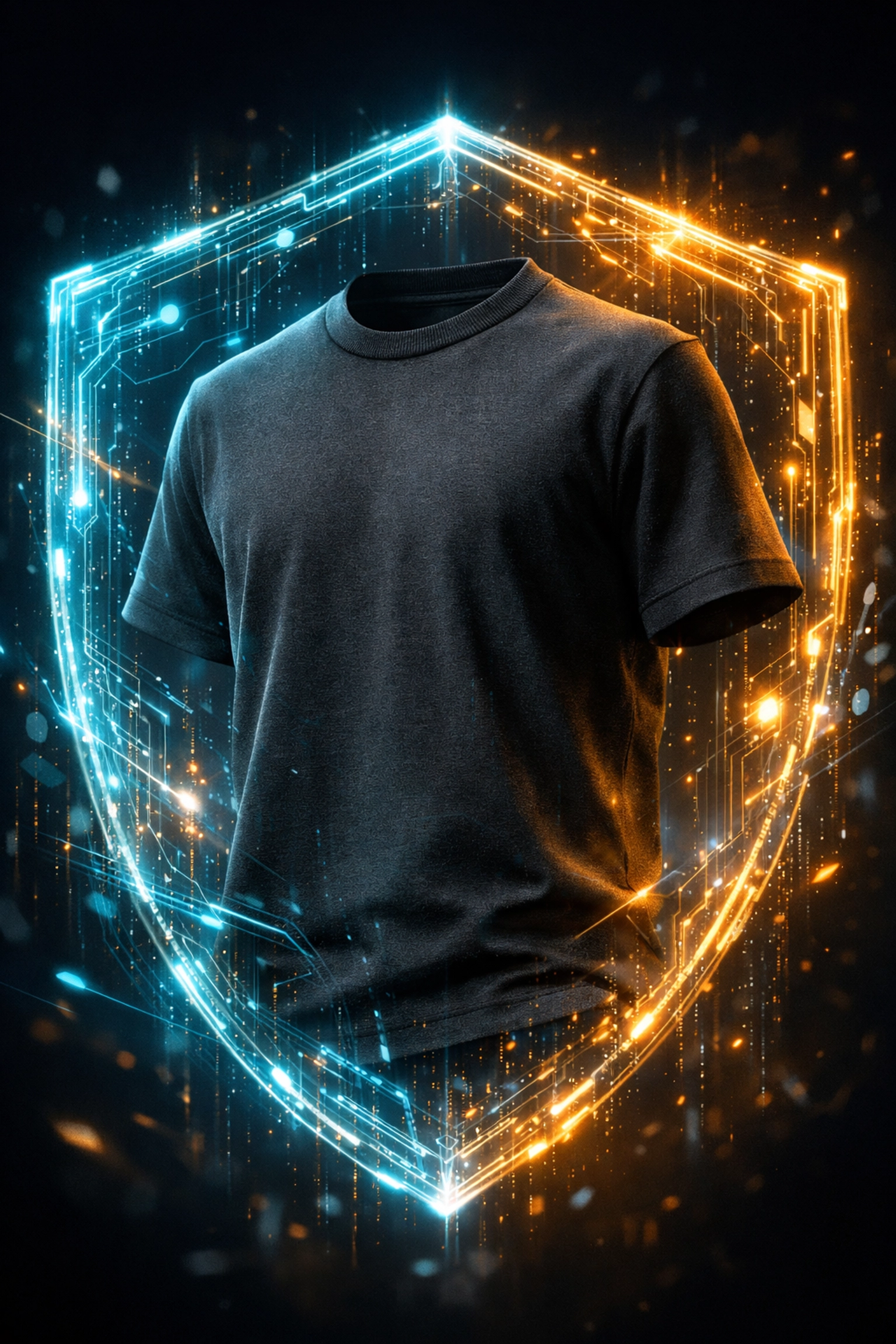 Digital twin of a designer shirt with a holographic shield representing a secure Larecoin NFT receipt.