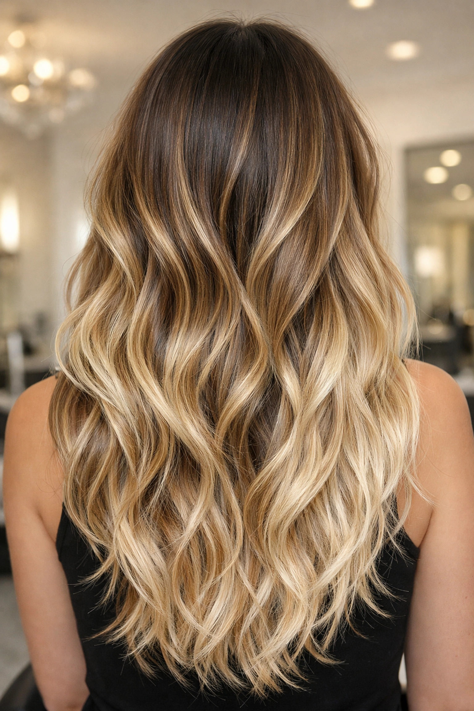 Stunning lived-in hair color transformation featuring seamless blonde highlights and natural roots.