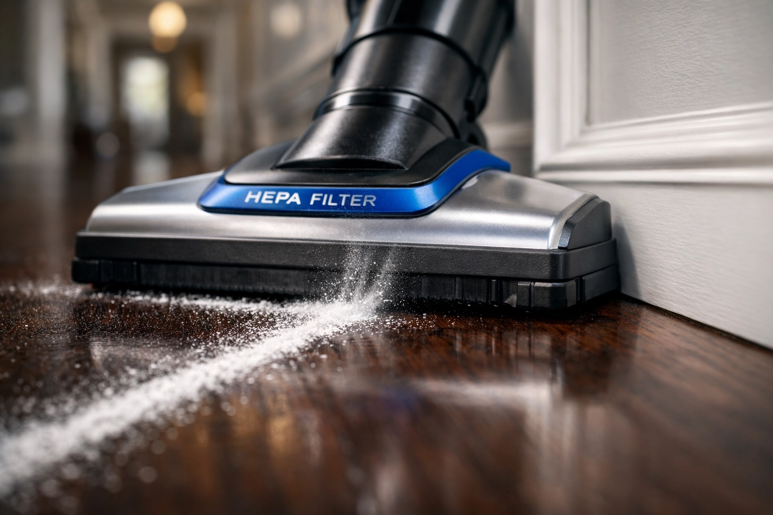 Using an industrial HEPA vacuum for deep post construction cleaning in Franklin on high-end hardwood floors.