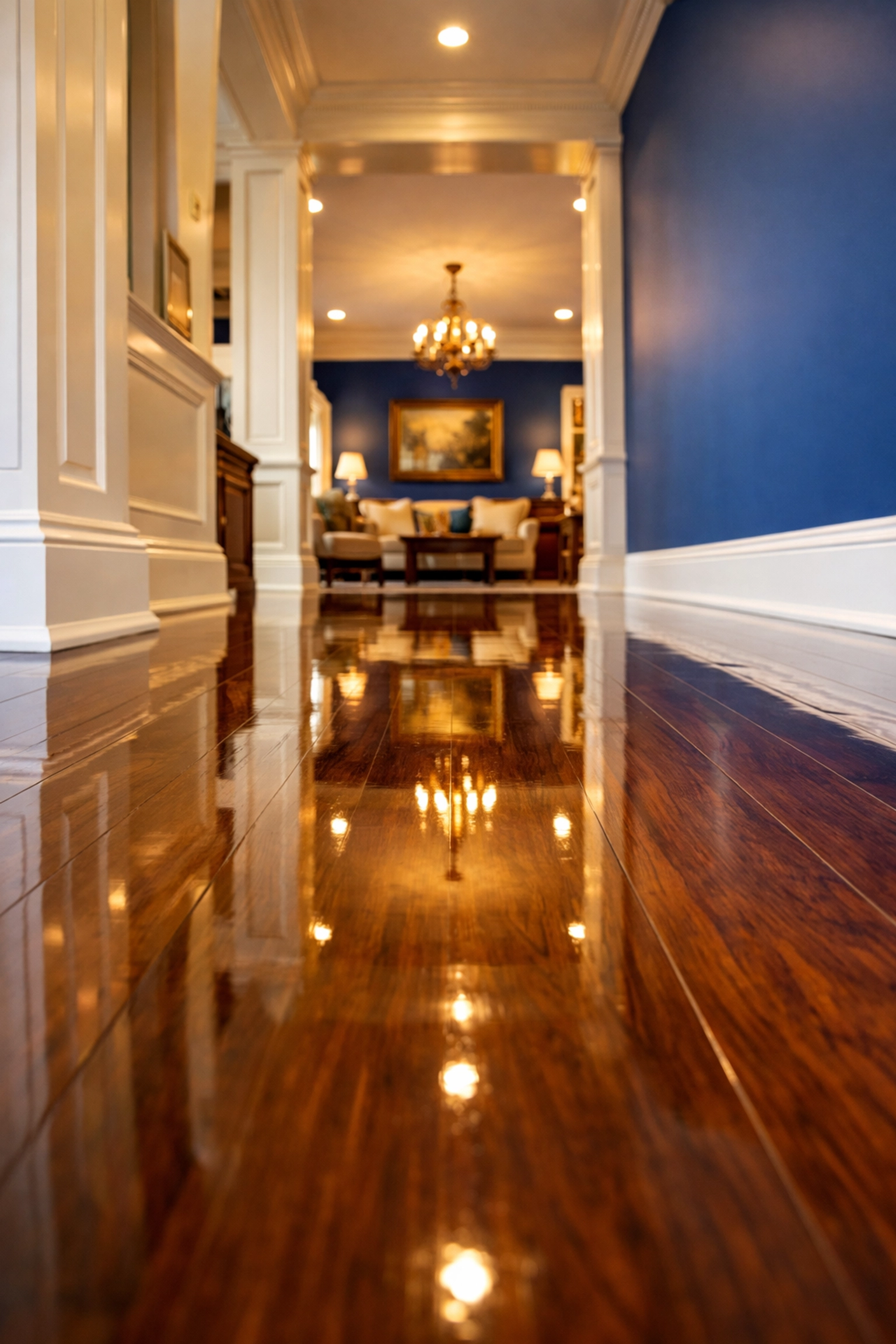 Sparkling clean hardwood floors and white baseboards in a Worcester home following a deep cleaning.