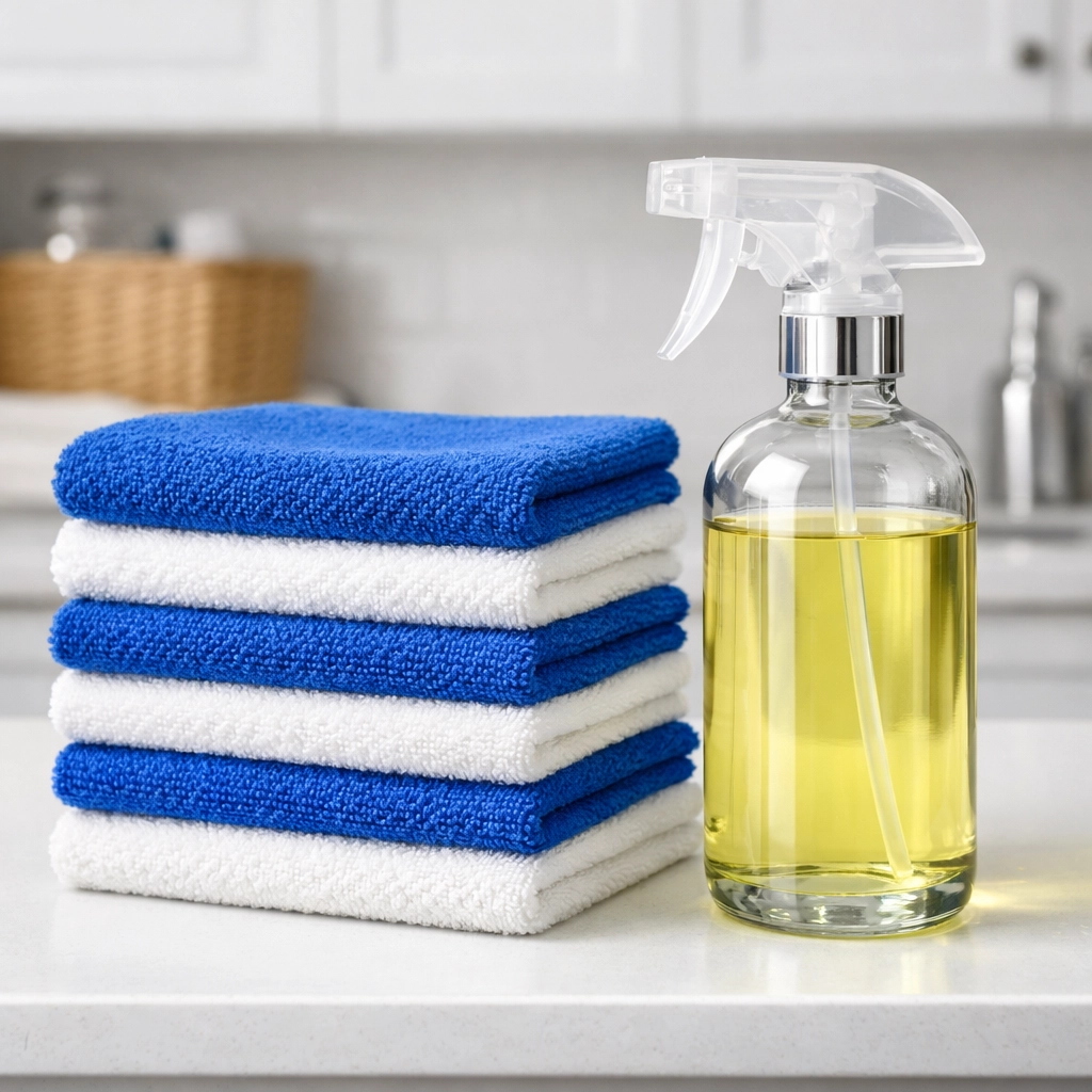 Professional cleaning tools including blue microfiber cloths and a spray bottle for streak-free home cleaning.