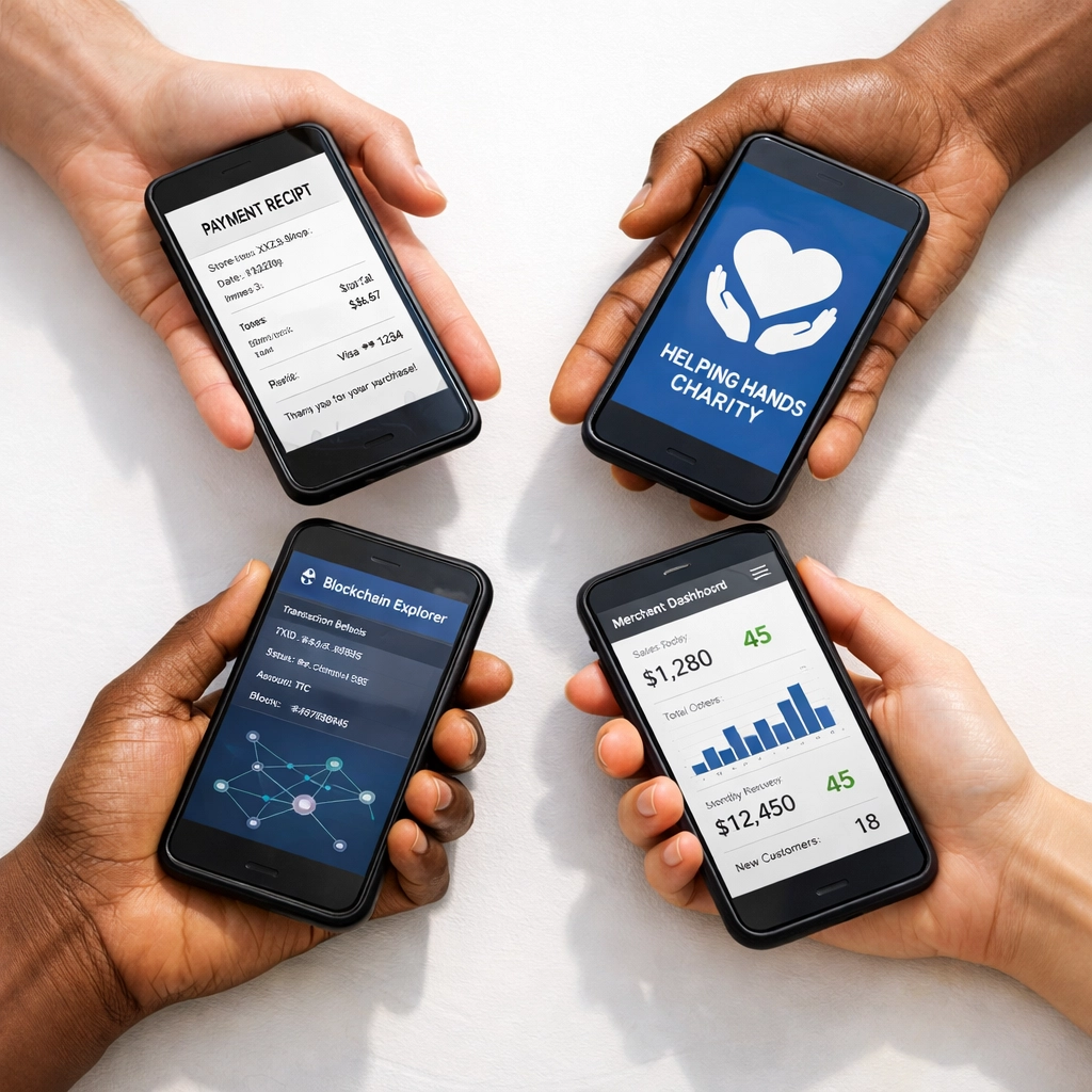 Diverse community using LarePAY payment ecosystem on mobile devices for transactions and charity