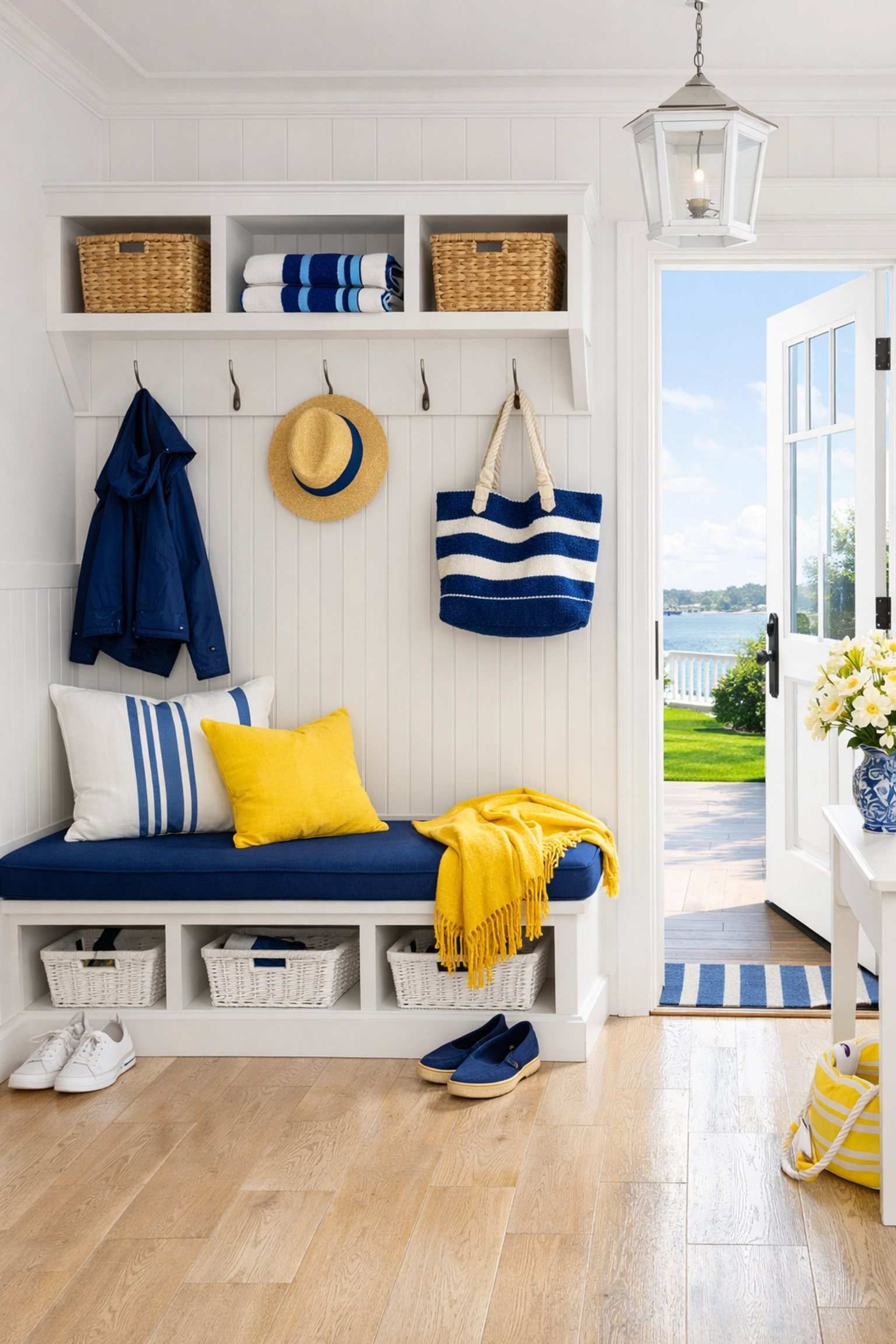 A perfectly clean Hingham home entryway with gleaming floors maintained by The Cleaning Ninjas.