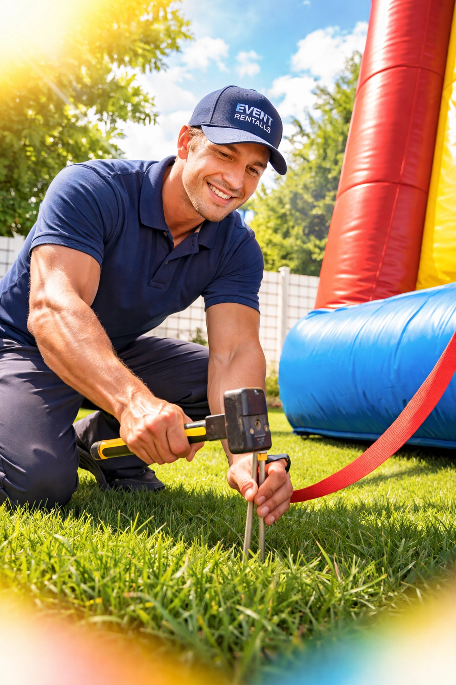 Professional event rental worker anchoring a colorful bounce house for safe party setup in a backyard.
