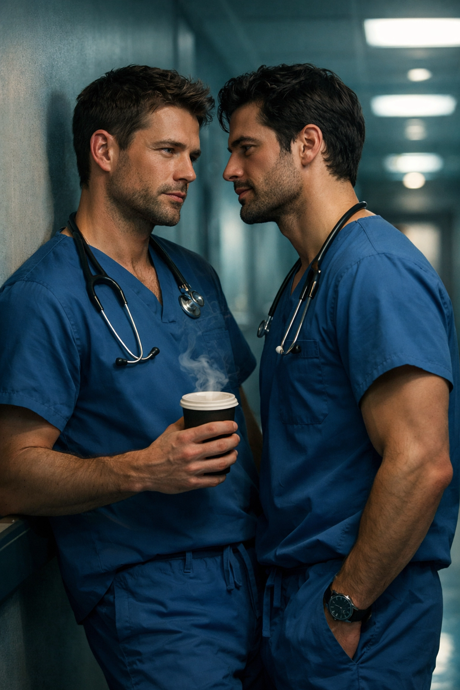 Two gay doctors in scrubs sharing a quiet moment of professional intimacy in a hospital hallway.