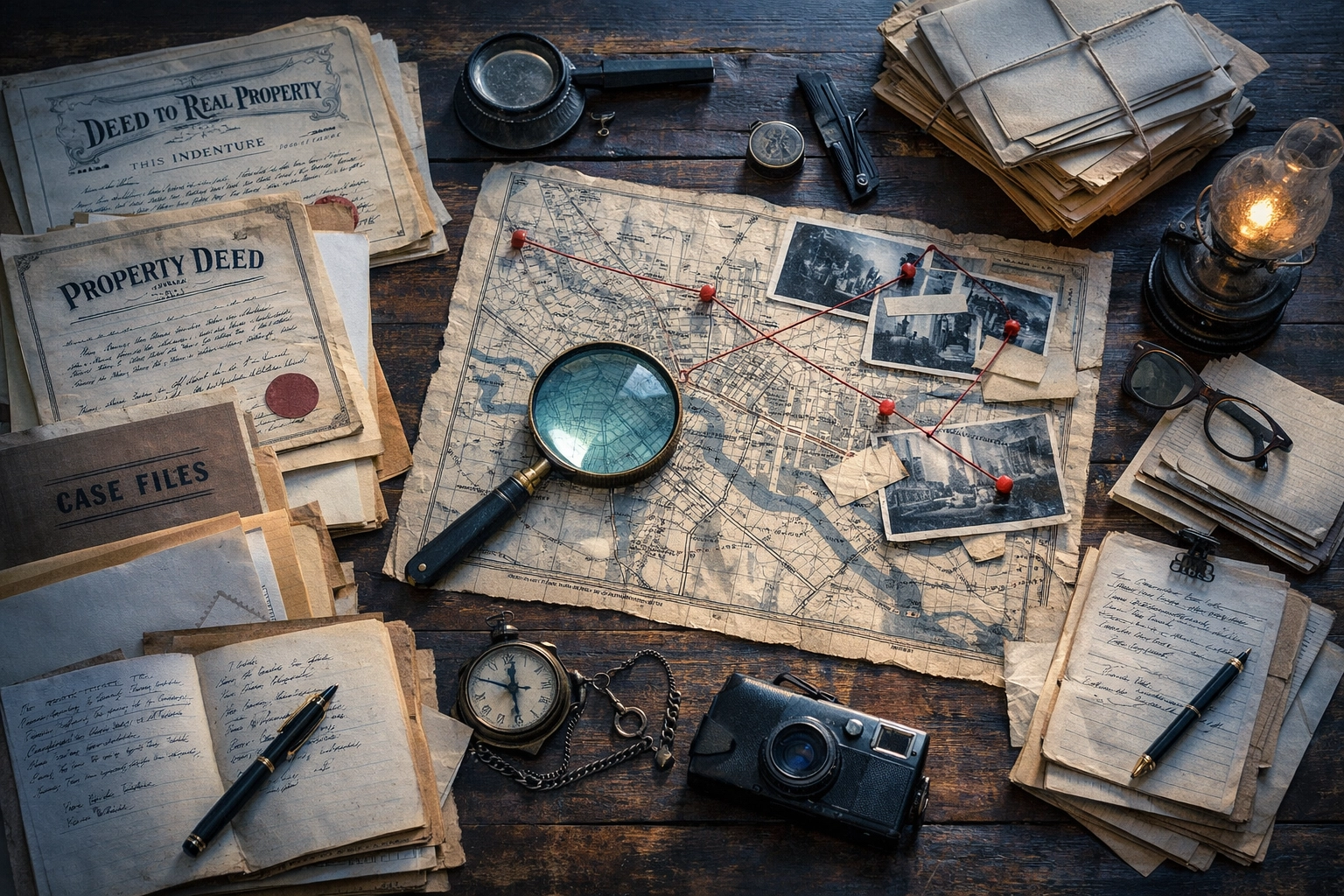 Title search documents including property deeds and legal records on desk with magnifying glass