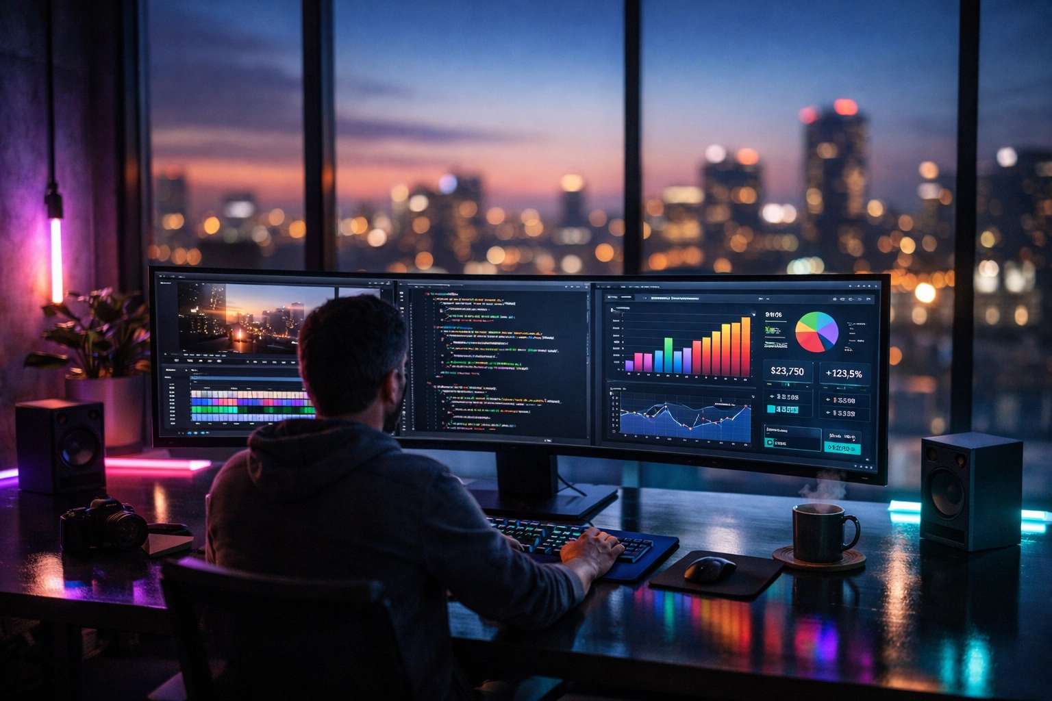 High-tech solopreneur workstation showing multiple income streams and financial analytics on wide monitors.