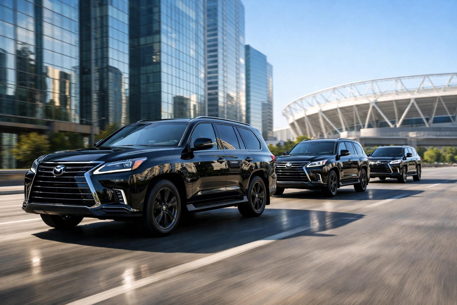 Luxury black SUVs providing VIP transportation for corporate brand activation near a stadium.