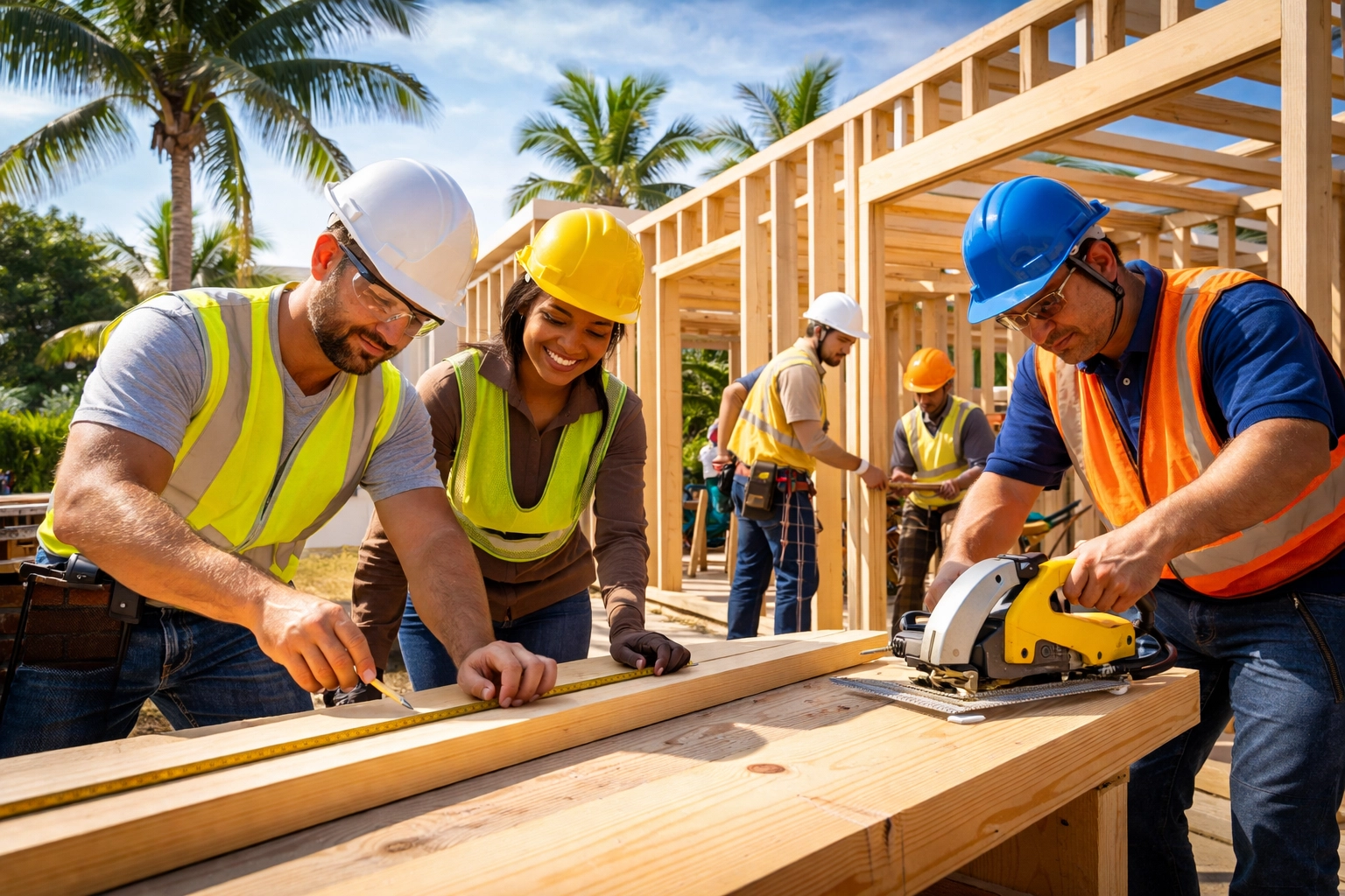Skilled construction crew collaborating efficiently on a South Florida residential framing job site outdoors