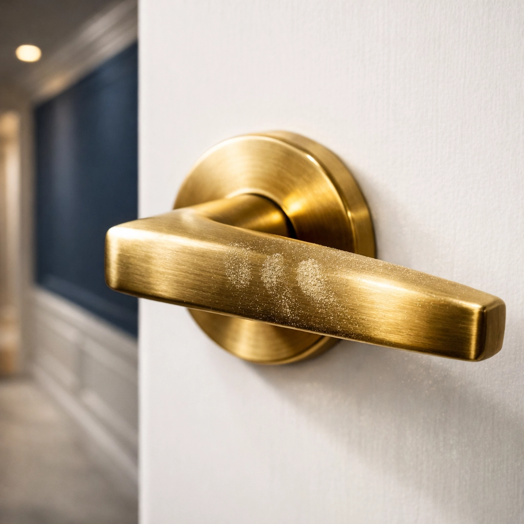 Close-up of a dusty gold door handle on a white door showing fingerprints and grime.