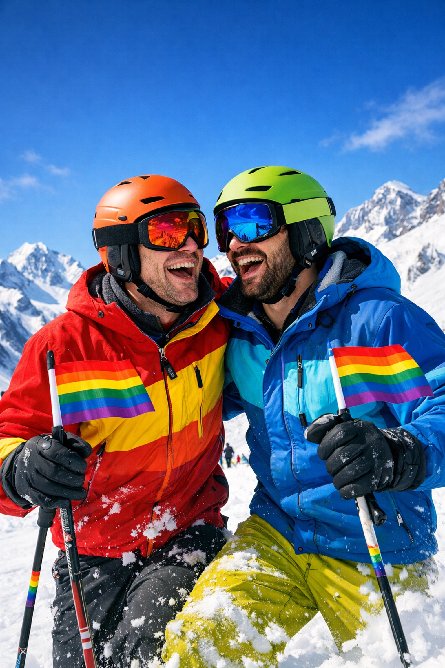Two gay men laughing on snowy slopes with rainbow pride flags during LGBTQ+ ski week