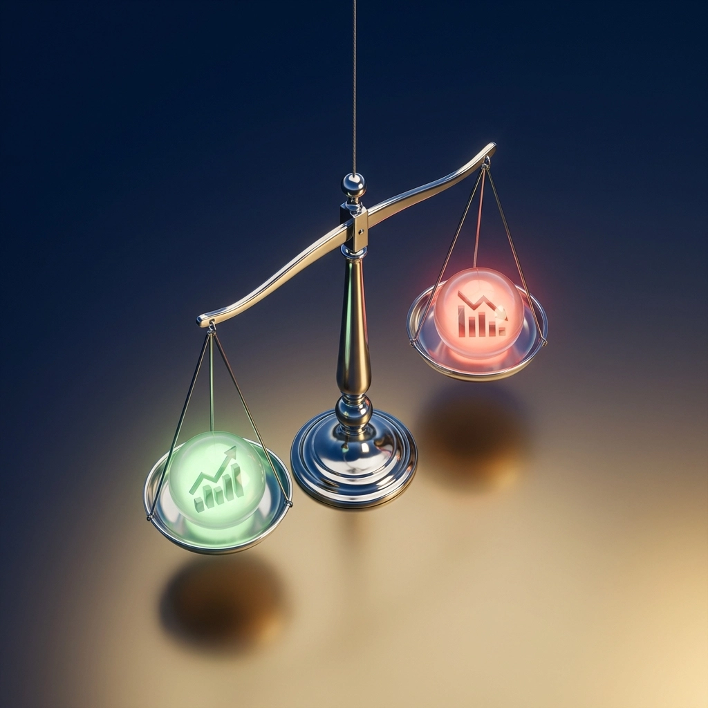 Perfectly balanced chrome scale with stock market spheres symbolizes market neutrality and value investing strategies.