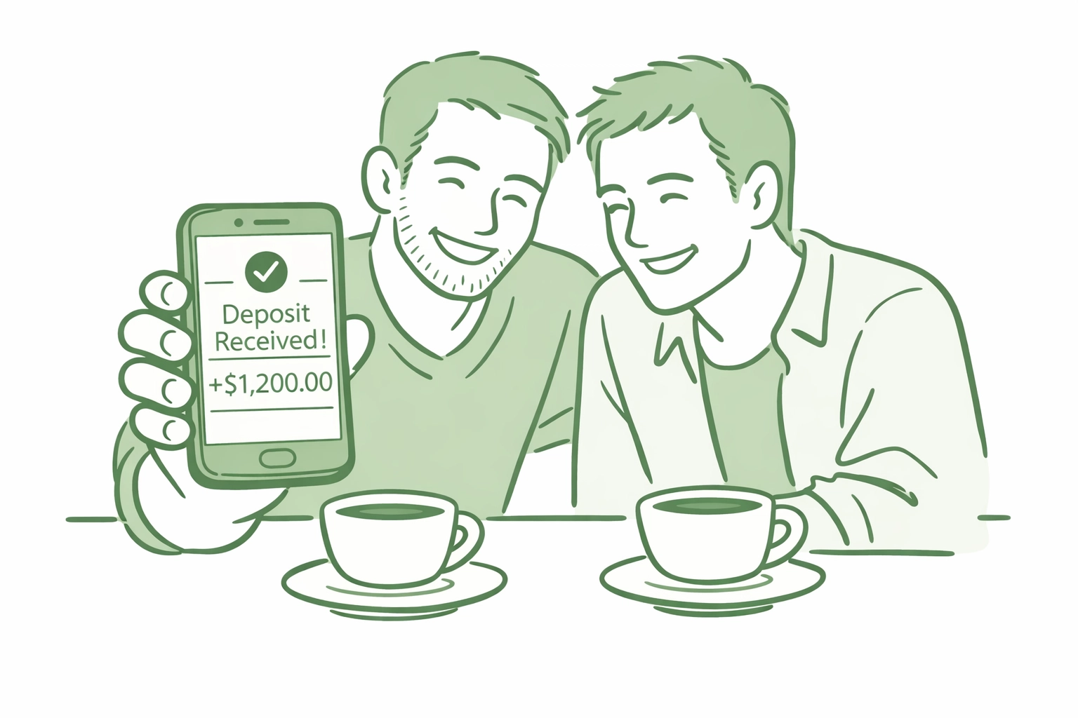 Gay romance author checking daily payout notification at café, celebrating creative cash flow freedom