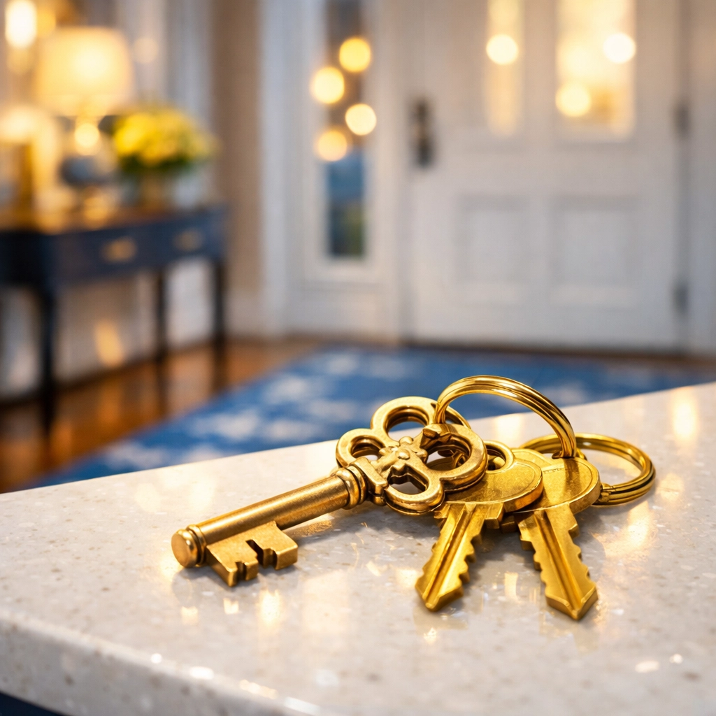 New house keys on a sanitized quartz counter in a move-in ready luxury home in Newton, Massachusetts.