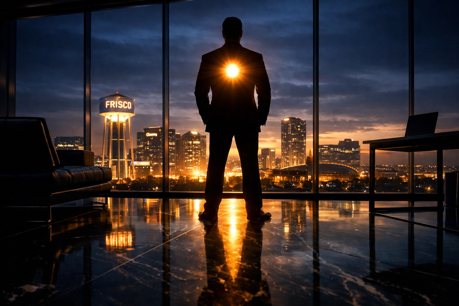 DFW executive overlooking Frisco Silicon Prairie, representing the Iron Man Core and leadership adaptability.