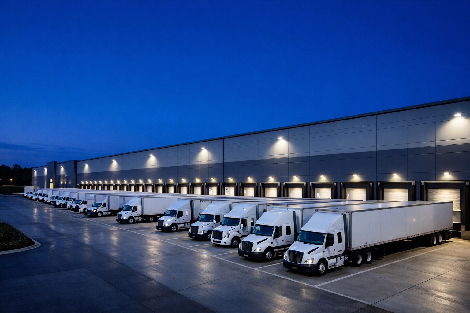 Modern industrial warehouse in South Atlanta with loading docks and trucks for commercial real estate investors.