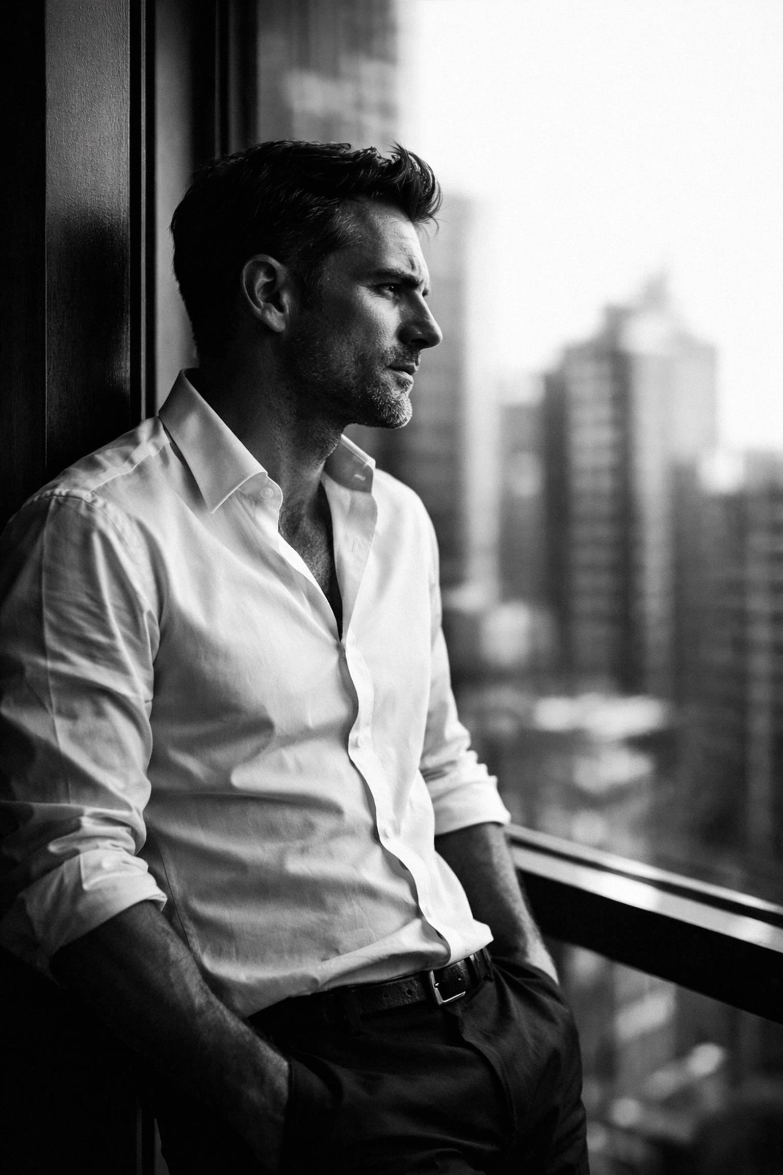 Successful Sydney professional man contemplating a dating makeover in a minimalist high-rise.