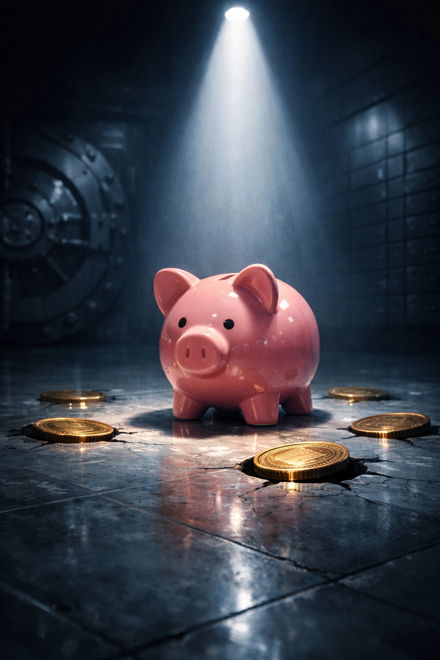 A piggy bank in a large bank vault representing the impact of rate cuts on savings account interest.