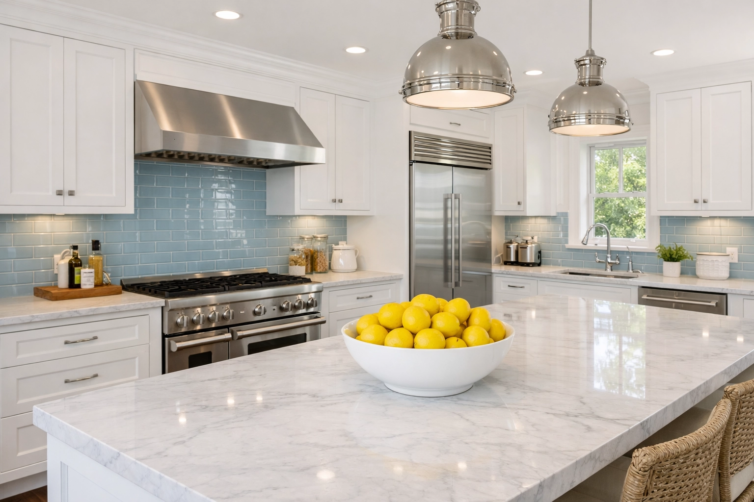 Luxury house cleaning in a high-end Edgartown kitchen featuring sparkling countertops and appliances.