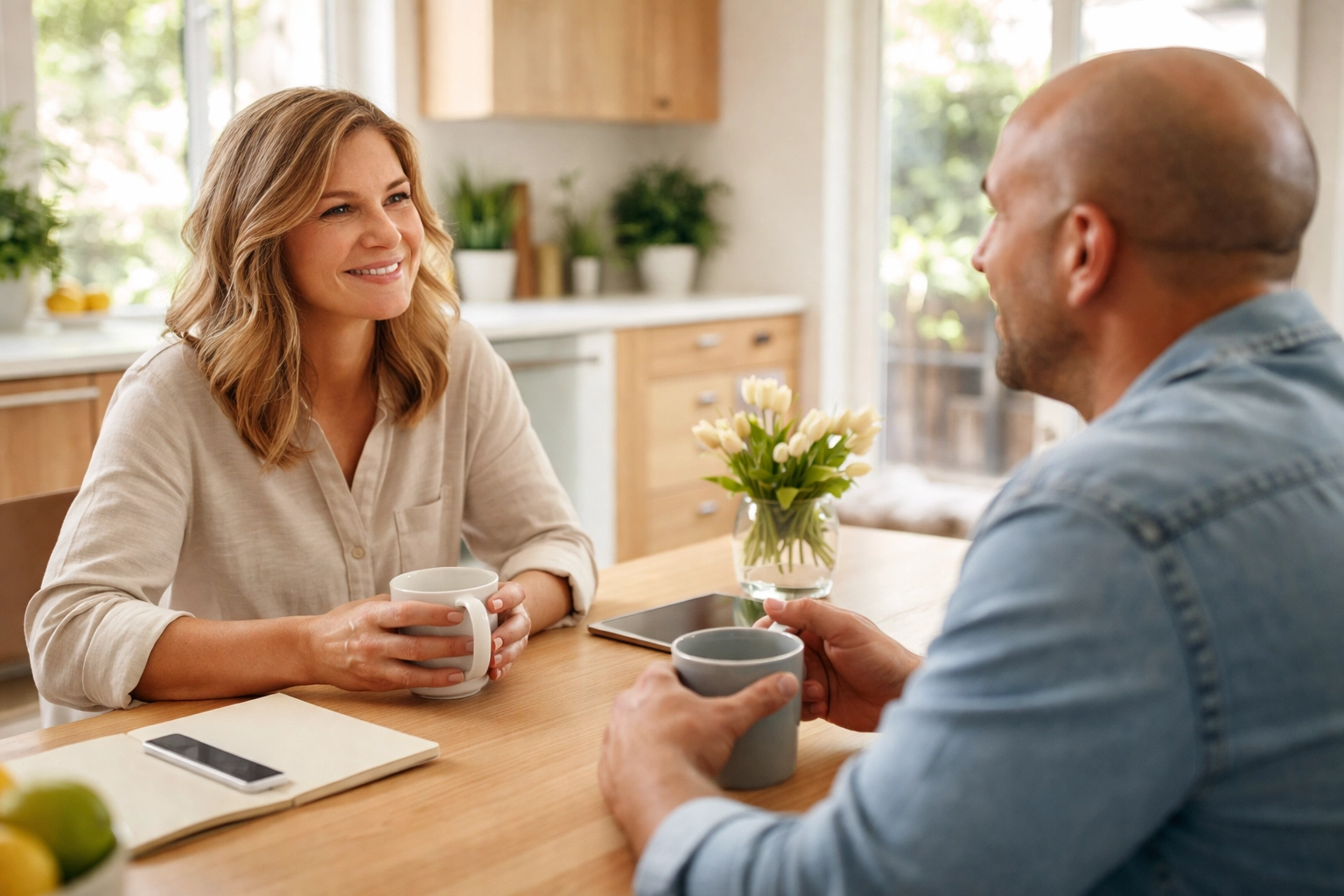 Two people having a calm, focused discussion at a kitchen table in a bright South Jersey home, illustrating the guide approach to real estate.