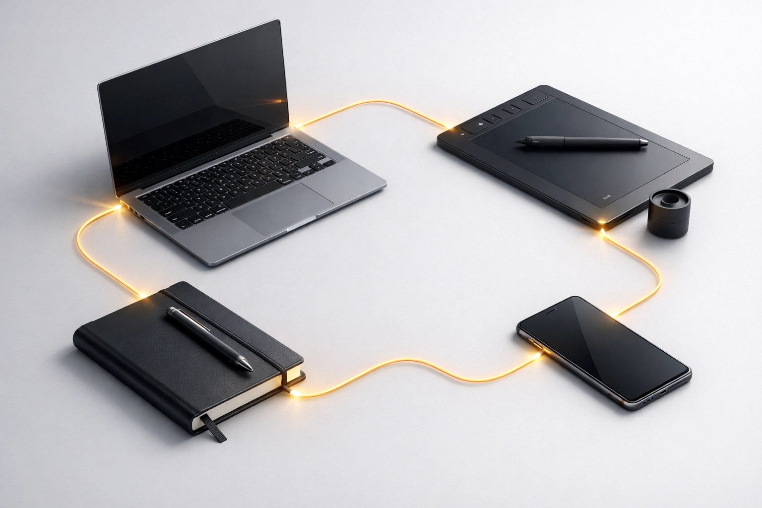 Interconnected office tools representing a professional network and collaborative business growth.