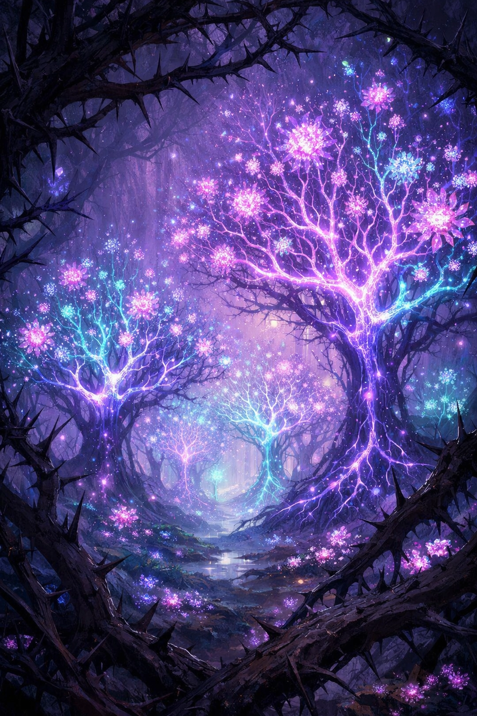 Neural pathway forest blooming with light, illustrating neuroplasticity and nervous system health.